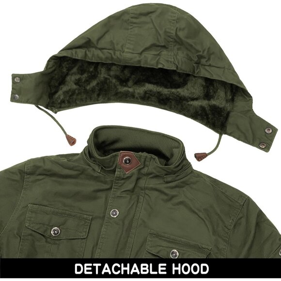 Mens Army Green Thick Winter Jacket Hooded Fleece Lined Cotton Military Coat - Picture 5 of 6